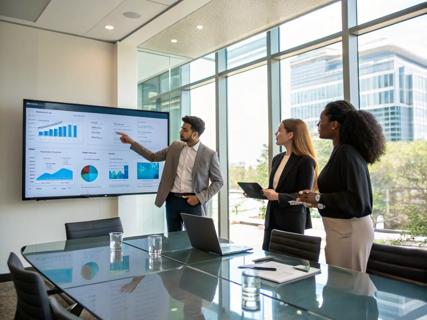 A team of consultants collaborating over process diagrams and digital tools to reengineer workflows, illustrating Saigent's Business Process Reengineering service.