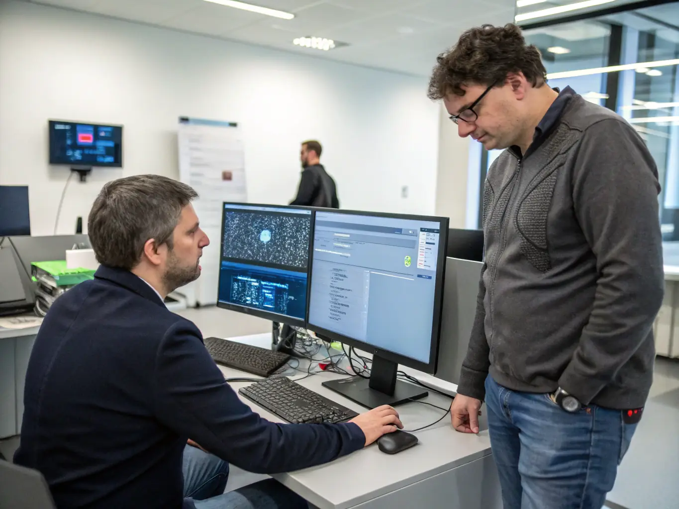 A technician configuring AI software on a computer with a digital dashboard displaying system metrics, representing Saigent's Technology Solution Implementation service.