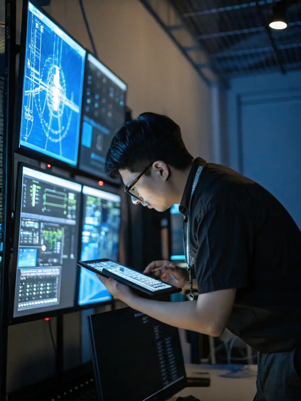 A technician configuring AI software on a computer with a digital dashboard displaying system metrics, showcasing Saigent's Technology Solution Implementation service.
