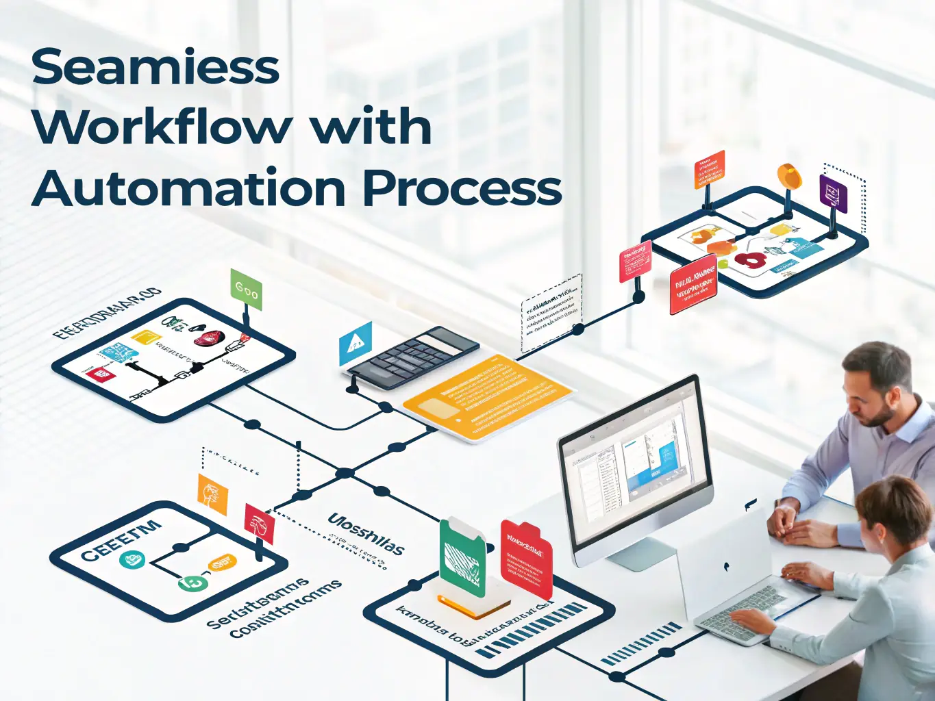 An image depicting a digital workflow with interconnected automation icons representing streamlined business processes, symbolizing Saigent's Business Process Automation service.